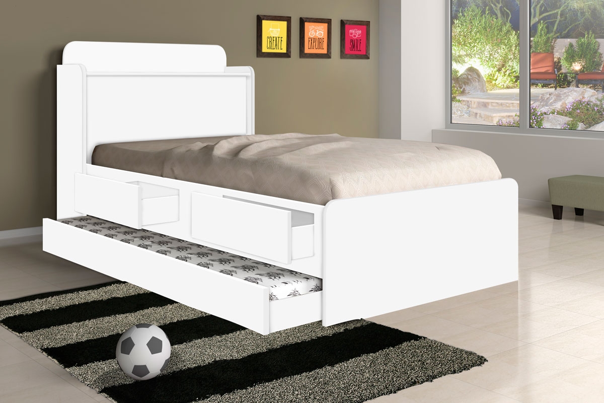 Cama Solteiro Daiane Baú Branco com Auxiliar