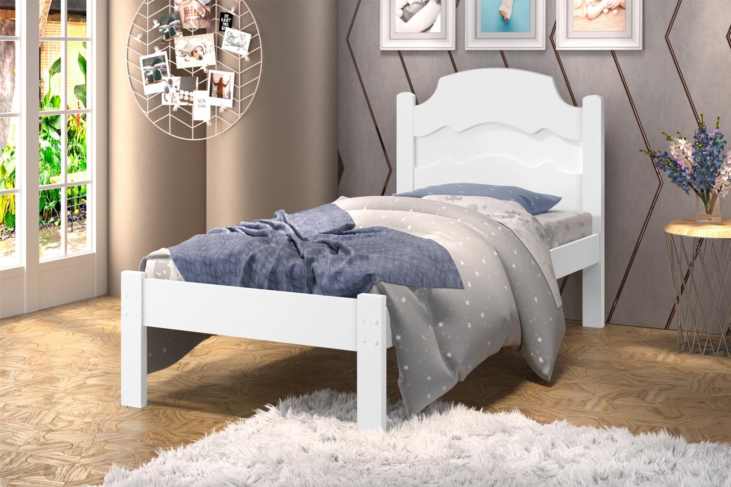 Cama Solteiro Iris Branco e Azul Branco com Colchão