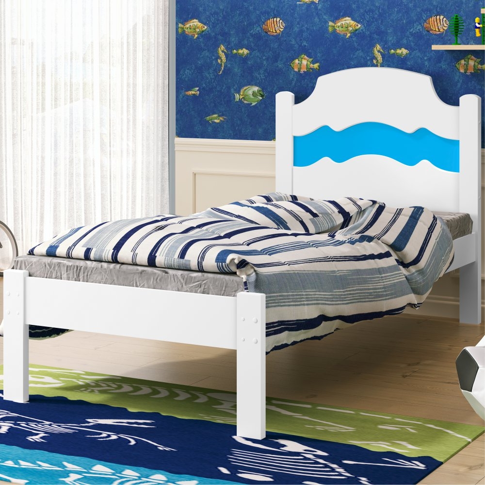 Cama Solteiro Sophia Branco e Azul Branco com Colchão