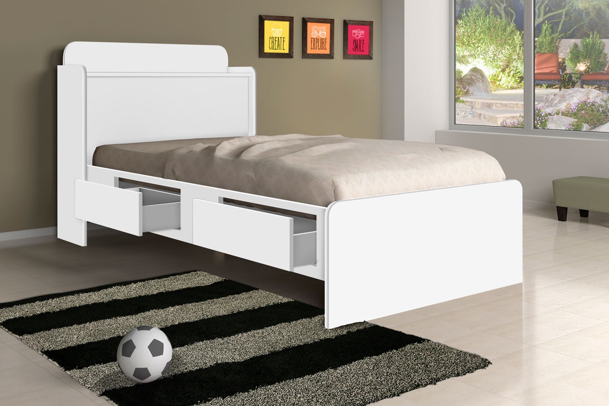 Cama Solteiro Tamires Baú Branco com Gavetas com Colchão