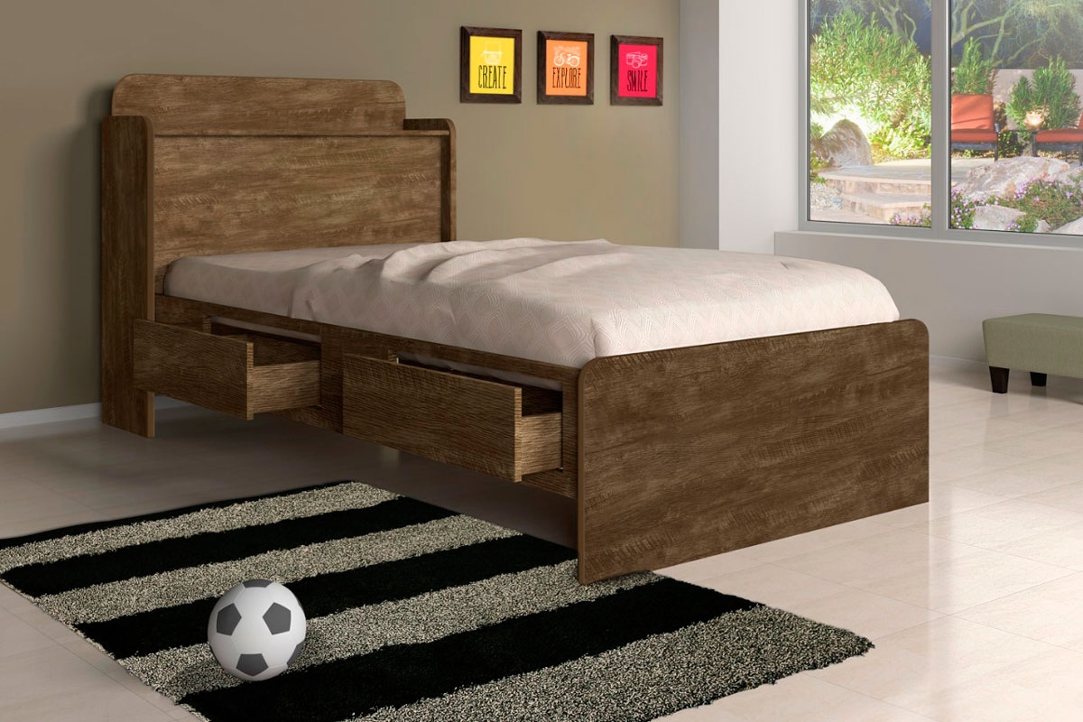 Cama Solteiro Tamires Baú Castanho com Gavetas