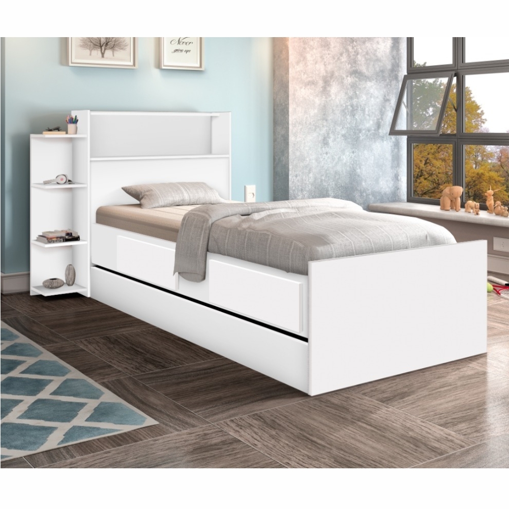 Cama com Auxiliar Solteiro Gavetas e Baú Branco