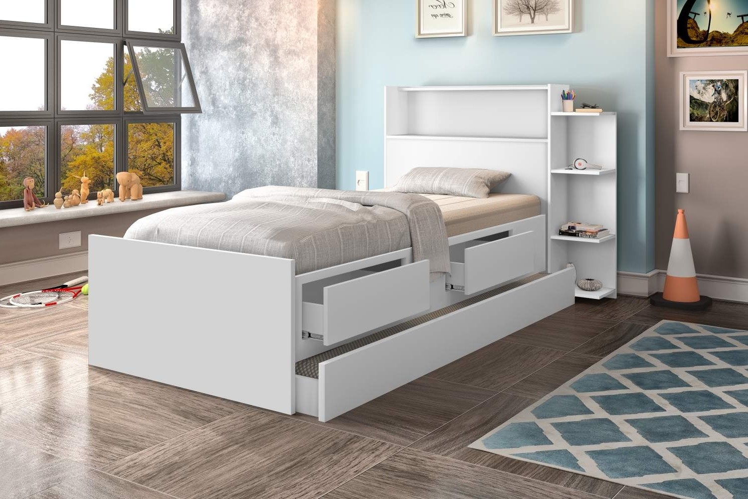Cama com Auxiliar Solteiro Gavetas e Baú Branco