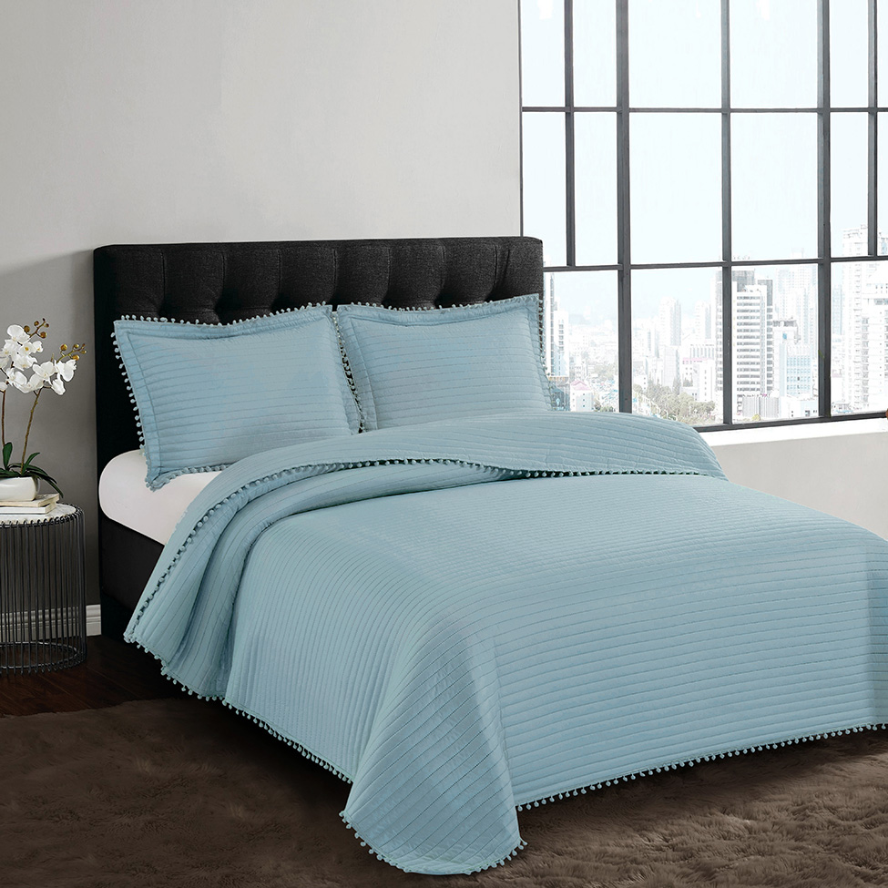 Colcha Queen Pompom com 2 Fronhas Azul