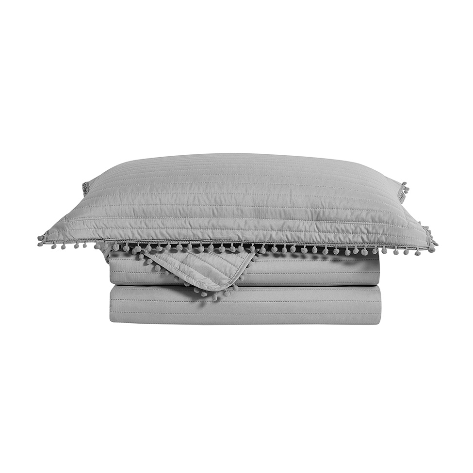 Colcha Queen Pompom com 2 Fronhas Cinza