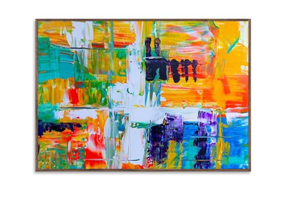 Quadro Decorativo Abstrato Intenso com Moldura Caixa, na posição Horizontal, ideal para ambiente de Sala, Quarto e Hall (Moldura Nogueira, 100x70 cm)