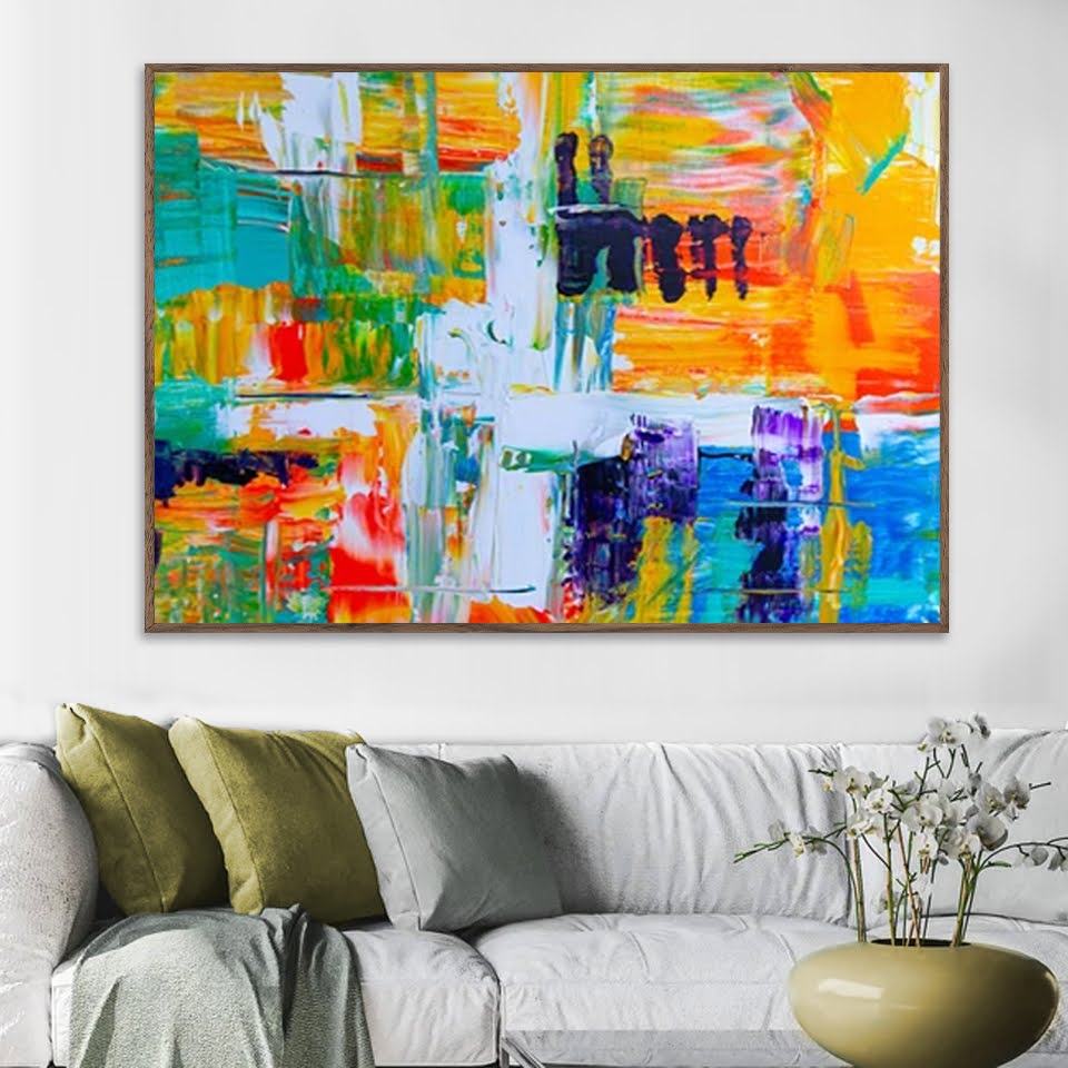 Quadro Decorativo Abstrato Intenso com Moldura Caixa, na posição Horizontal, ideal para ambiente de Sala, Quarto e Hall (Moldura Nogueira, 100x70 cm)