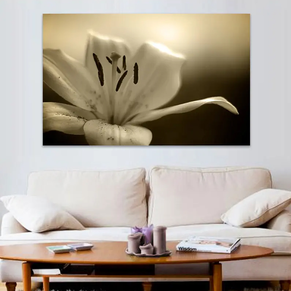 Quadro Decorativo Floral Fotografico Lirio Sepia, Tela em Canvas na Horizontal ideal para ambiente de Sala de estar, jantar, reuniões, Quarto e Hall de entrada