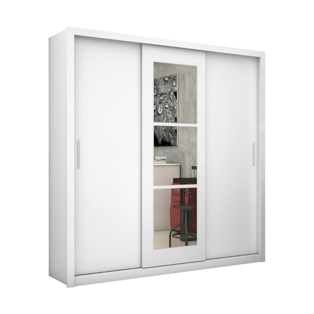 Guarda Roupa Clarice 3 Portas de Correr com Espelho Central 4 Gavetas Carioca Branco