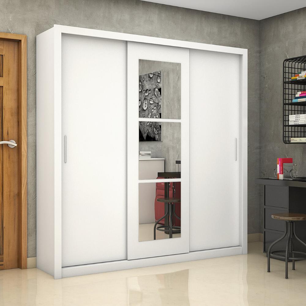 Guarda Roupa Clarice 3 Portas de Correr com Espelho Central 4 Gavetas Carioca Branco