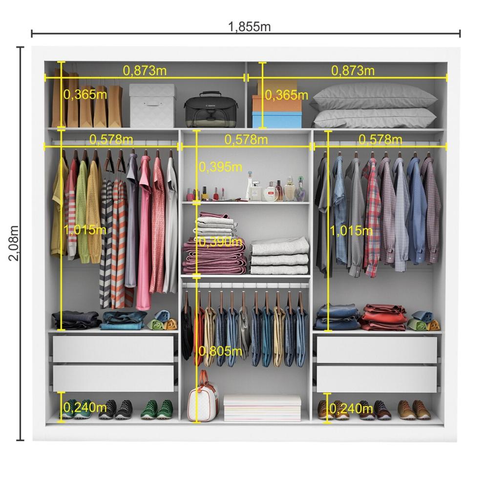 Guarda Roupa Clarice 3 Portas de Correr com Espelho Central 4 Gavetas Carioca Branco
