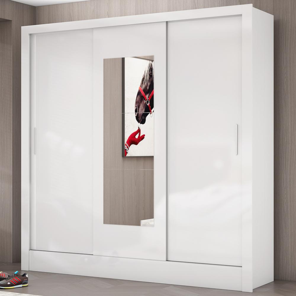 Guarda Roupa Dubai 3 Portas de Correr com Espelho Central 3 Gavetas Carioca Branco
