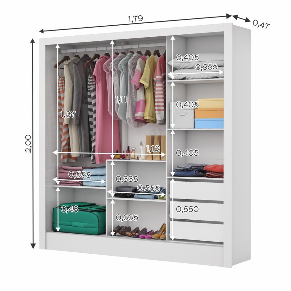 Guarda Roupa Dubai com 3 Portas de Correr 3 Gavetas Carioca Branco