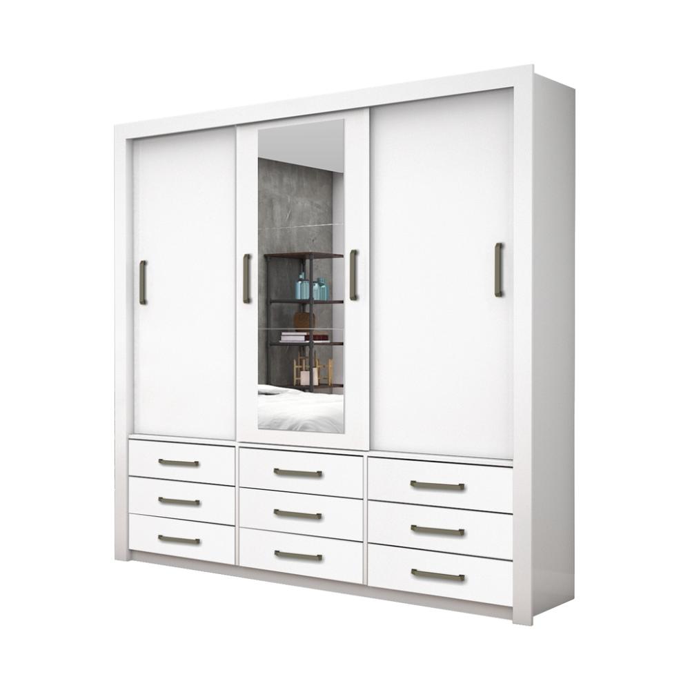 Guarda Roupa Roupeiro Anjos 3 Portas de Correr com Espelho Central 9 Gavetas Carioca Branco