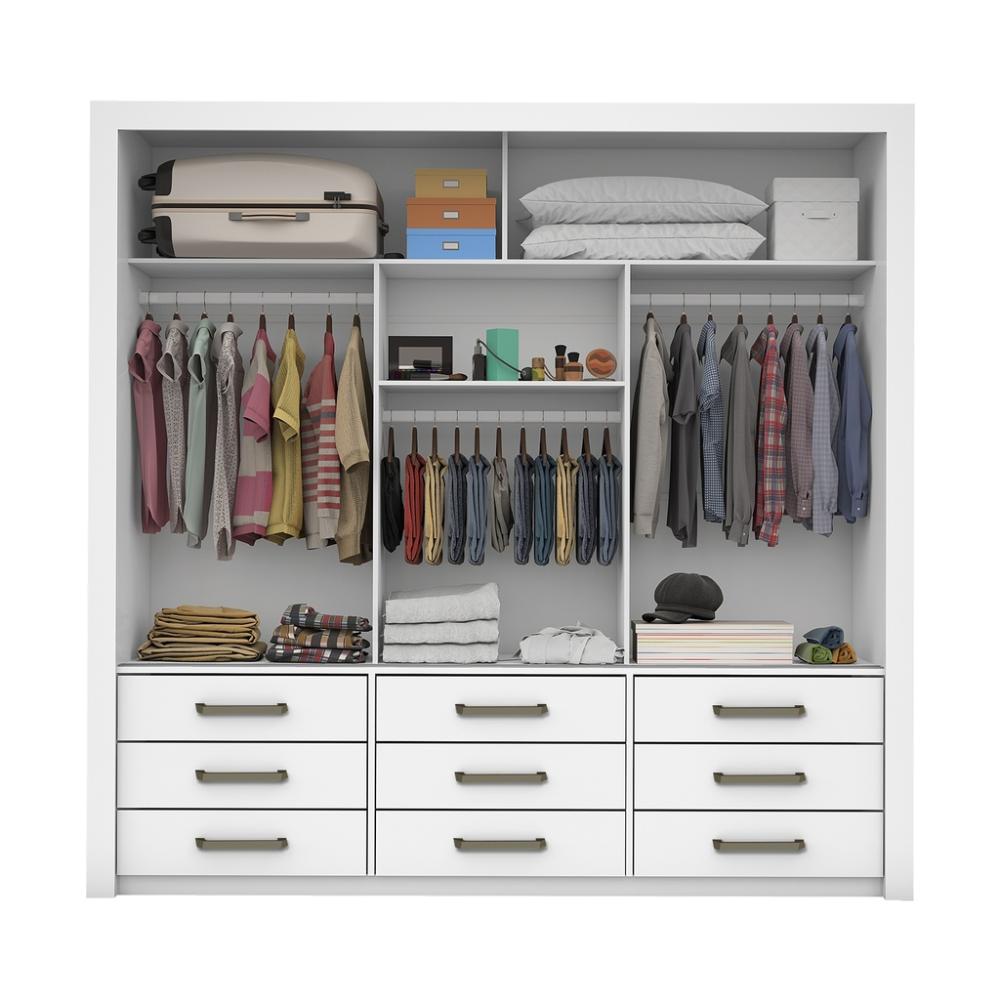 Guarda Roupa Roupeiro Anjos 3 Portas de Correr com Espelho Central 9 Gavetas Carioca Branco