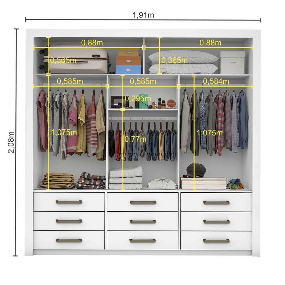 Guarda Roupa Roupeiro Anjos 3 Portas de Correr com Espelho Central 9 Gavetas Carioca Branco