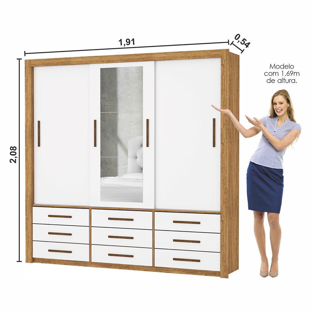 Guarda Roupa Roupeiro Anjos 3 Portas de Correr com Espelho Central 9 Gavetas Carioca Cinamomo Branco