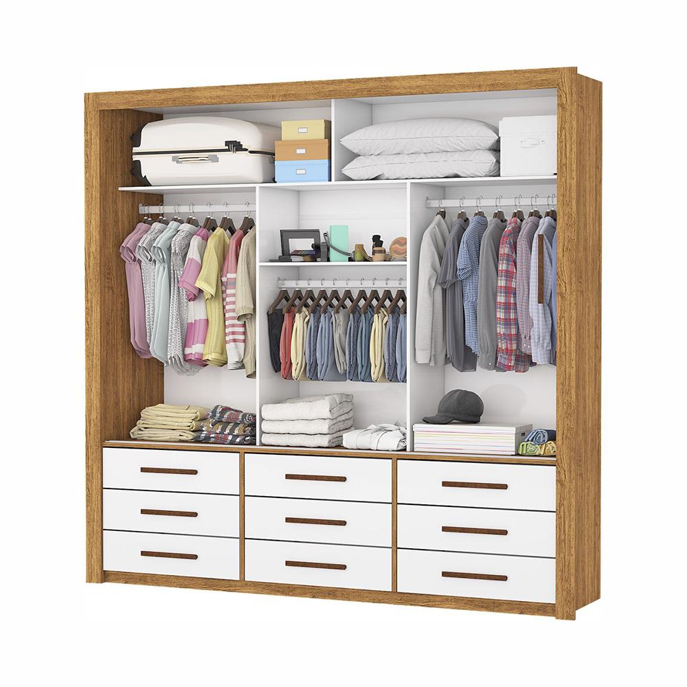 Guarda Roupa Roupeiro Anjos 3 Portas de Correr com Espelho Central 9 Gavetas Carioca Cinamomo Branco