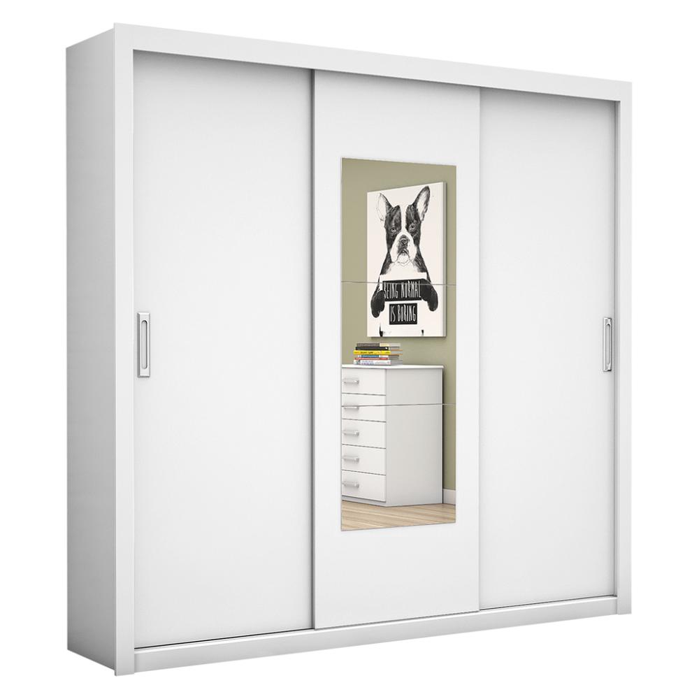 Guarda Roupa Roupeiro Bahia 3 Portas de Correr com Espelho Central 4 Gavetas Carioca Branco