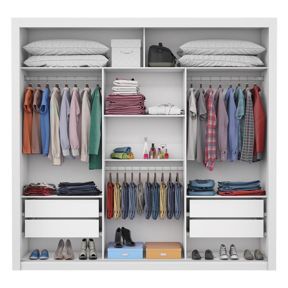 Guarda Roupa Roupeiro Bahia 3 Portas de Correr com Espelho Central 4 Gavetas Carioca Branco