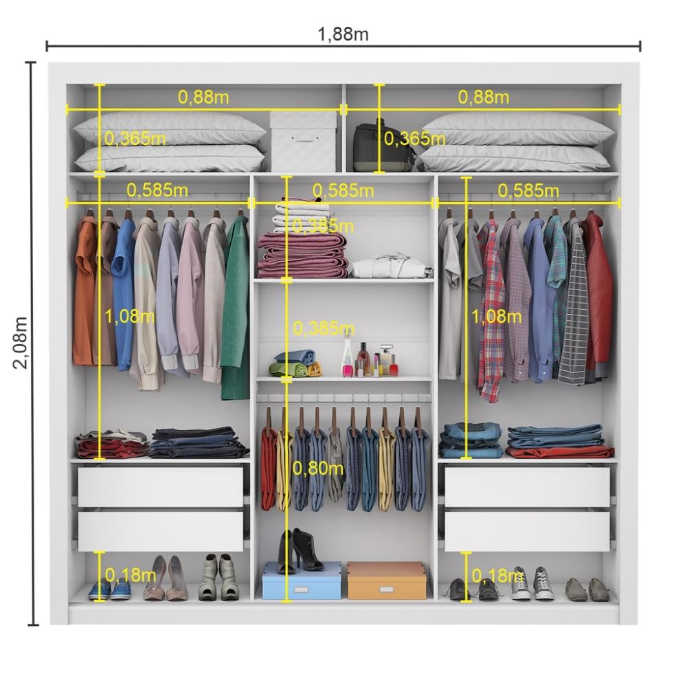 Guarda Roupa Roupeiro Bahia 3 Portas de Correr com Espelho Central 4 Gavetas Carioca Branco