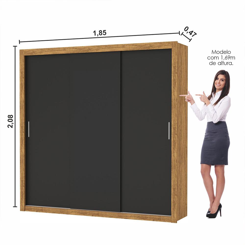 Guarda Roupa Roupeiro Clarice 3 Portas de Correr 4 Gavetas Carioca Cinamomo Preto