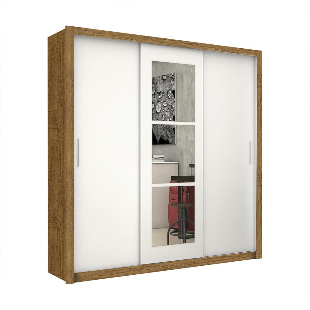 Guarda Roupa Roupeiro Clarice 3 Portas de Correr com Espelho Central 4 Gavetas Carioca Cinamomo Branco
