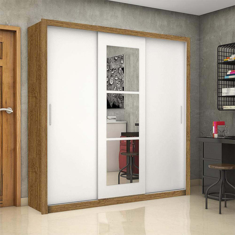 Guarda Roupa Roupeiro Clarice 3 Portas de Correr com Espelho Central 4 Gavetas Carioca Cinamomo Branco