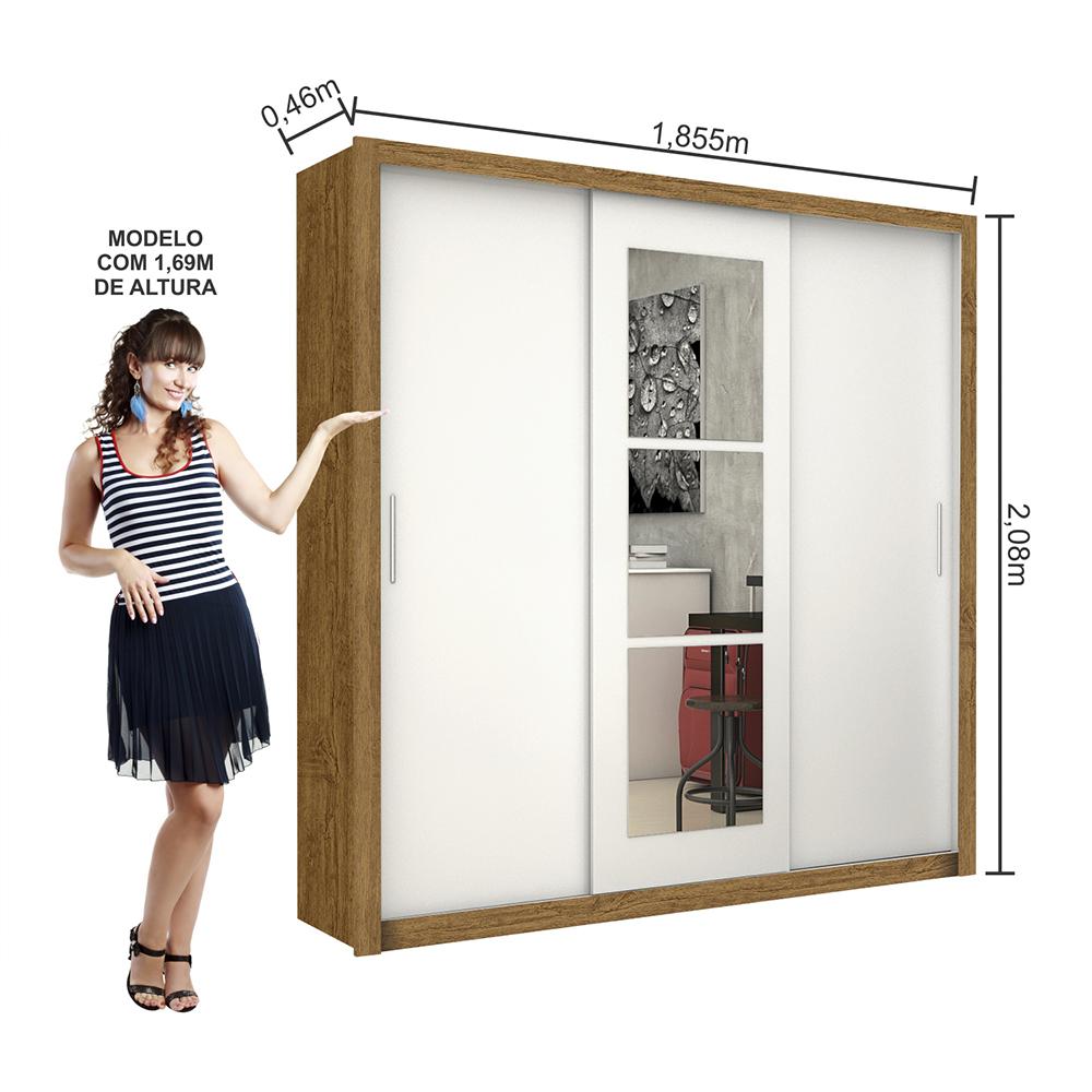 Guarda Roupa Roupeiro Clarice 3 Portas de Correr com Espelho Central 4 Gavetas Carioca Cinamomo Branco