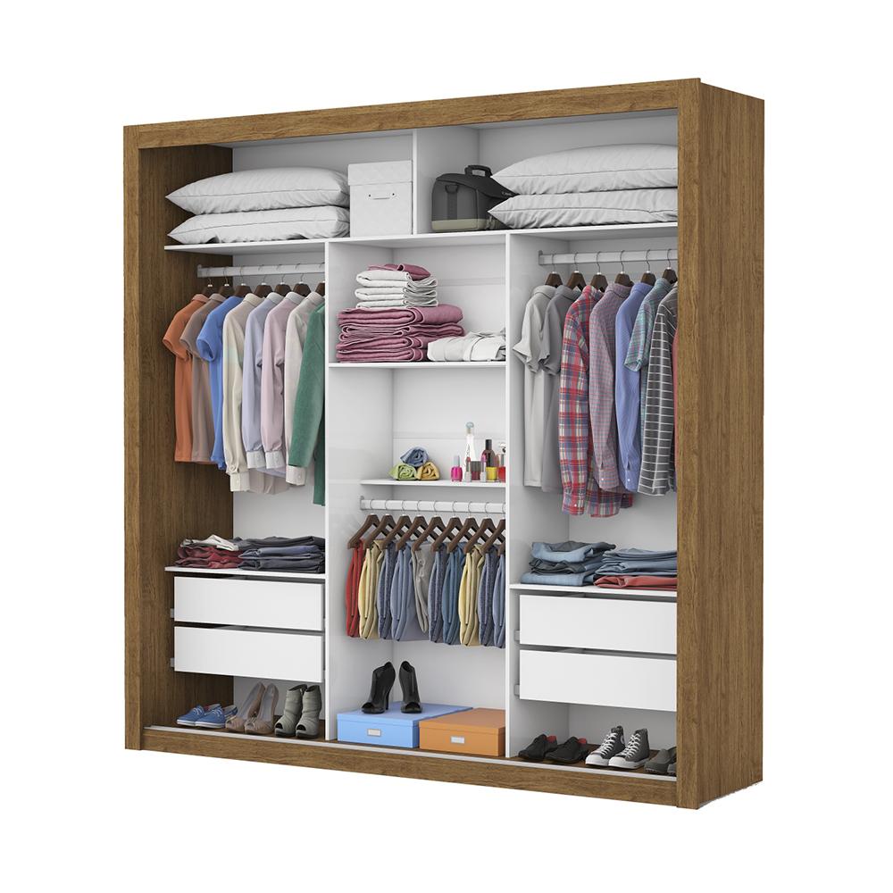 Guarda Roupa Roupeiro Clarice 3 Portas de Correr com Espelho Central 4 Gavetas Carioca Cinamomo Branco