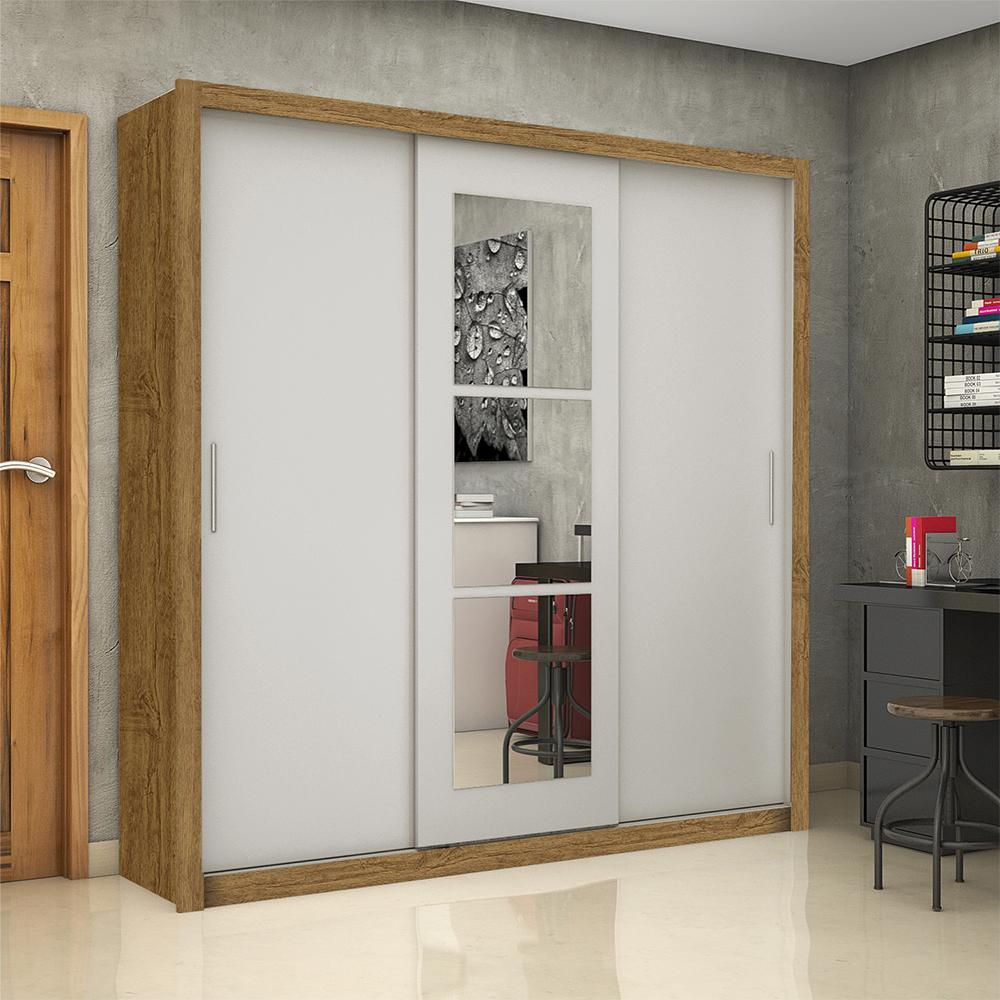 Guarda Roupa Roupeiro Clarice 3 Portas de Correr com Espelho Central 4 Gavetas Carioca Cinamomo Off White