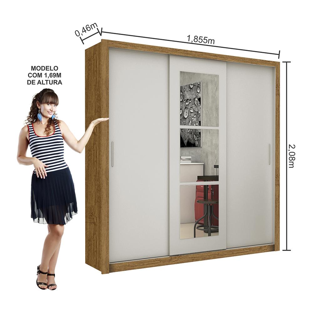 Guarda Roupa Roupeiro Clarice 3 Portas de Correr com Espelho Central 4 Gavetas Carioca Cinamomo Off White