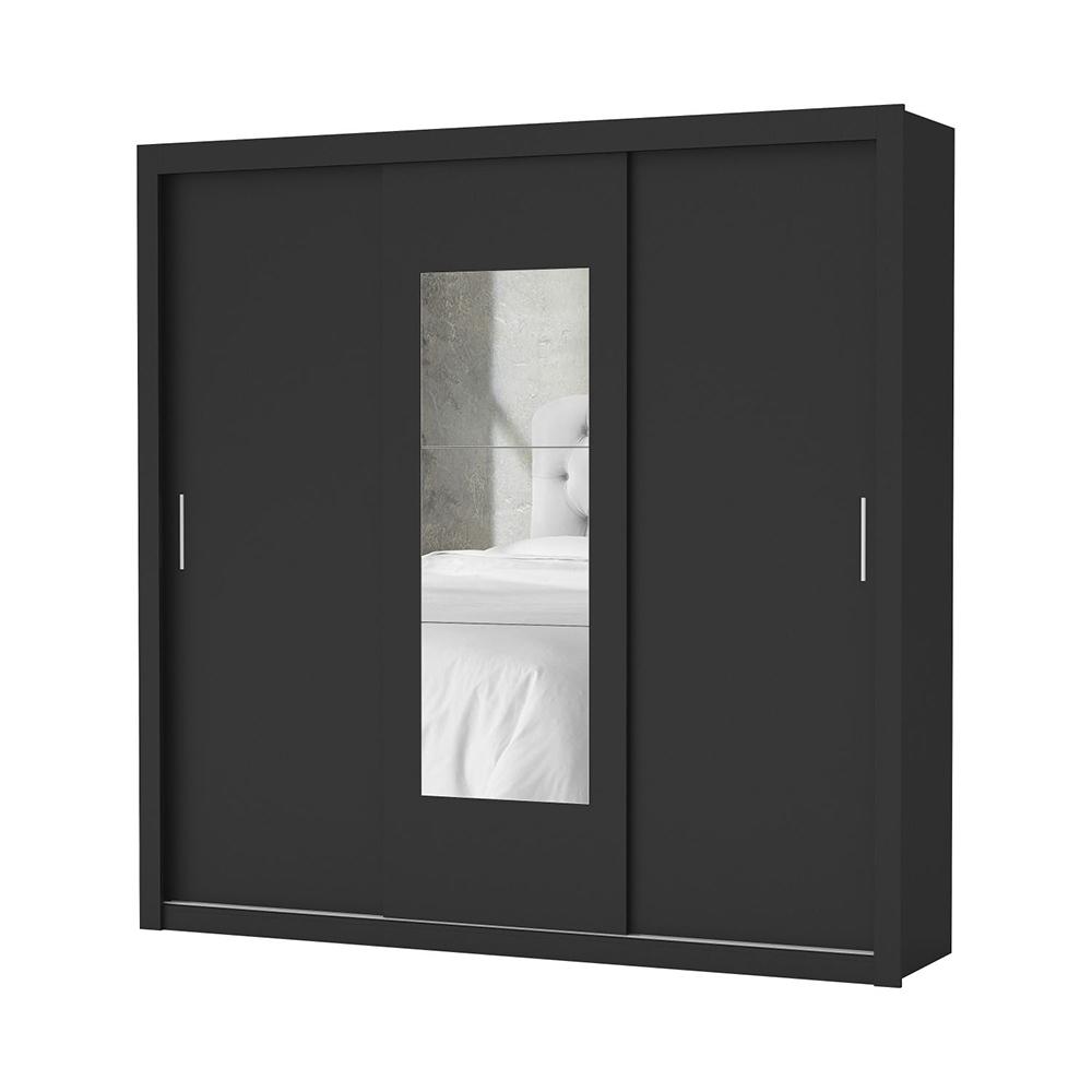 Guarda Roupa Roupeiro Clarice 3 Portas de Correr com Espelho Central 4 Gavetas Carioca Preto