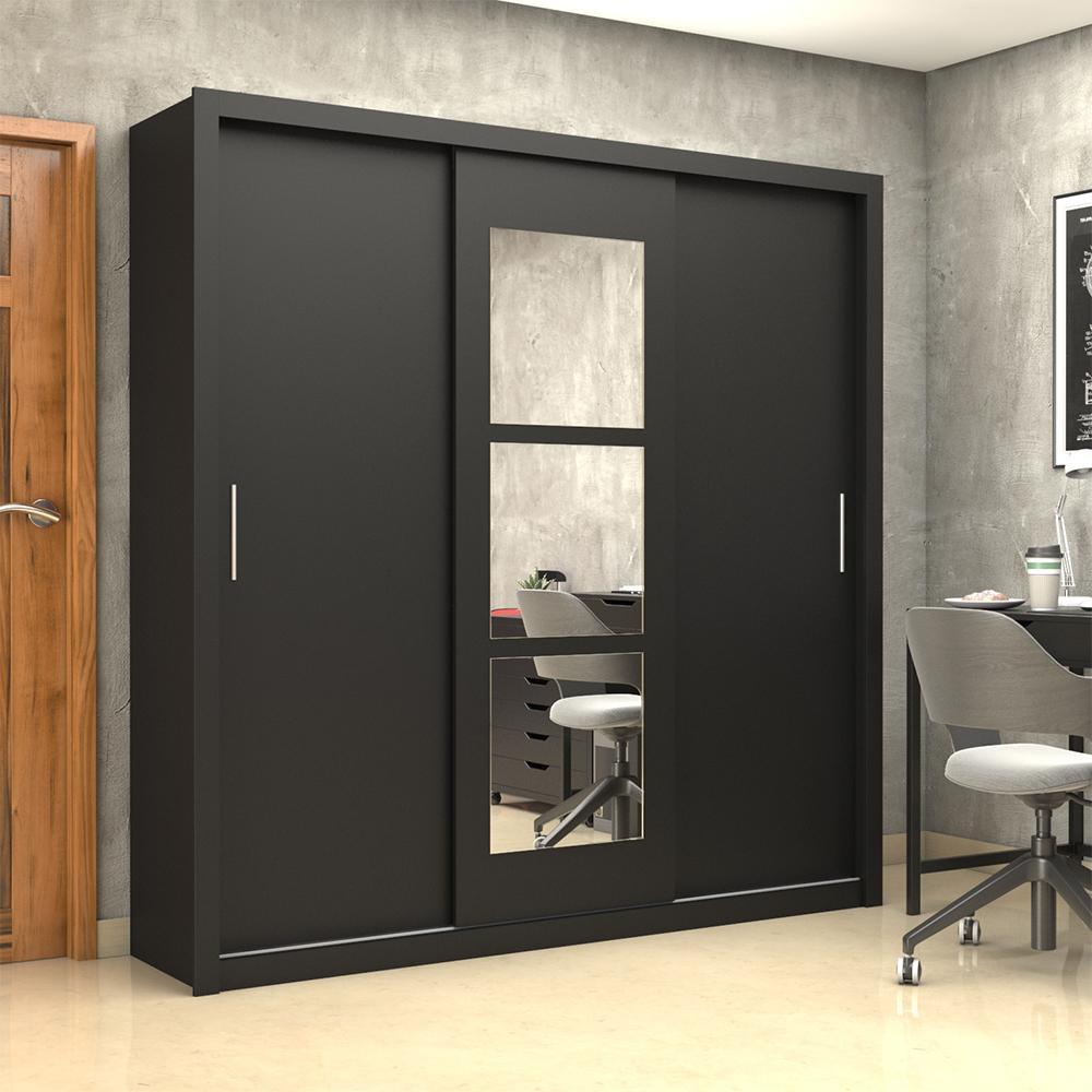 Guarda Roupa Roupeiro Clarice 3 Portas de Correr com Espelho Central 4 Gavetas Carioca Preto