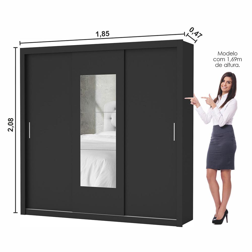 Guarda Roupa Roupeiro Clarice 3 Portas de Correr com Espelho Central 4 Gavetas Carioca Preto