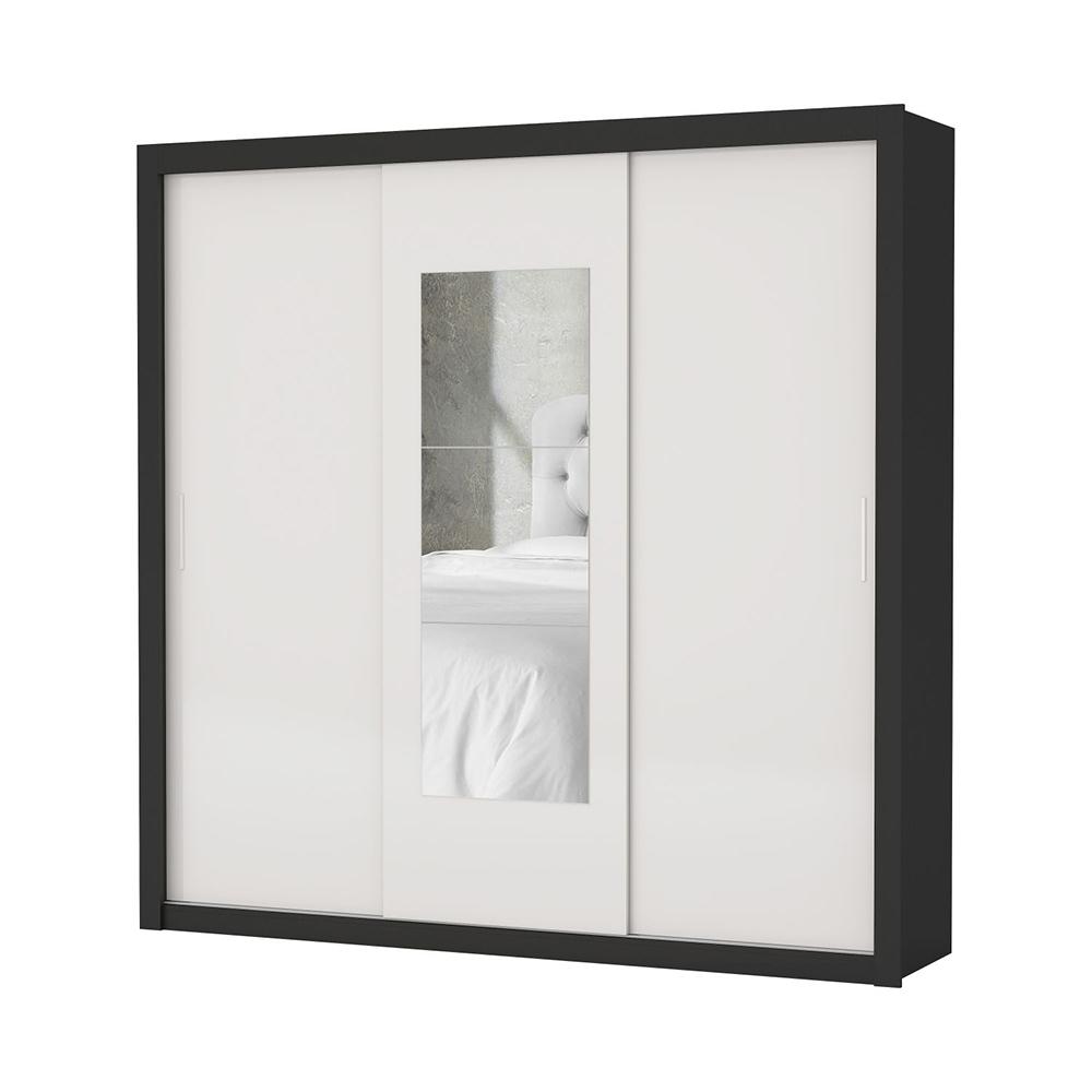 Guarda Roupa Roupeiro Clarice 3 Portas de Correr com Espelho Central 4 Gavetas Carioca Preto Off White