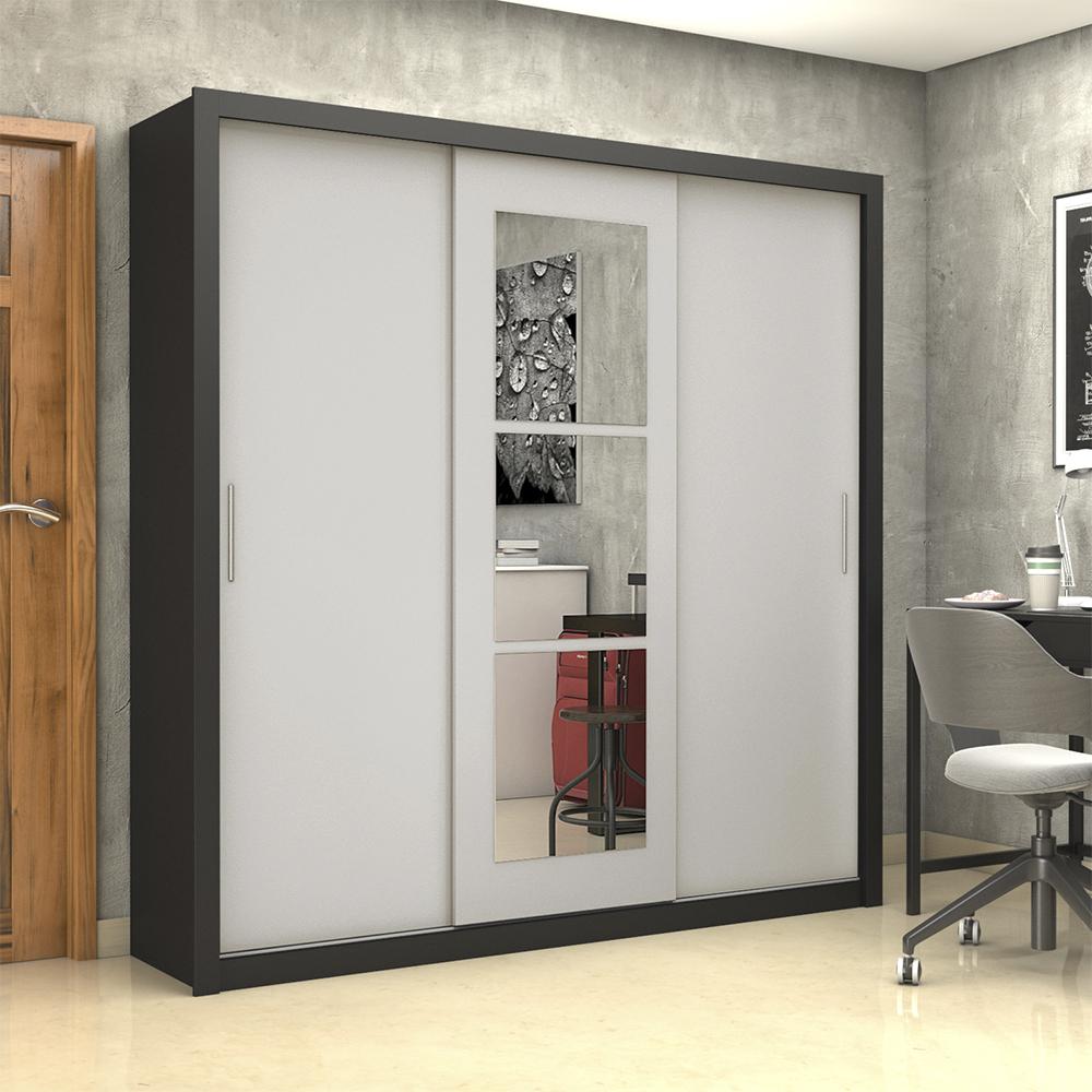 Guarda Roupa Roupeiro Clarice 3 Portas de Correr com Espelho Central 4 Gavetas Carioca Preto Off White