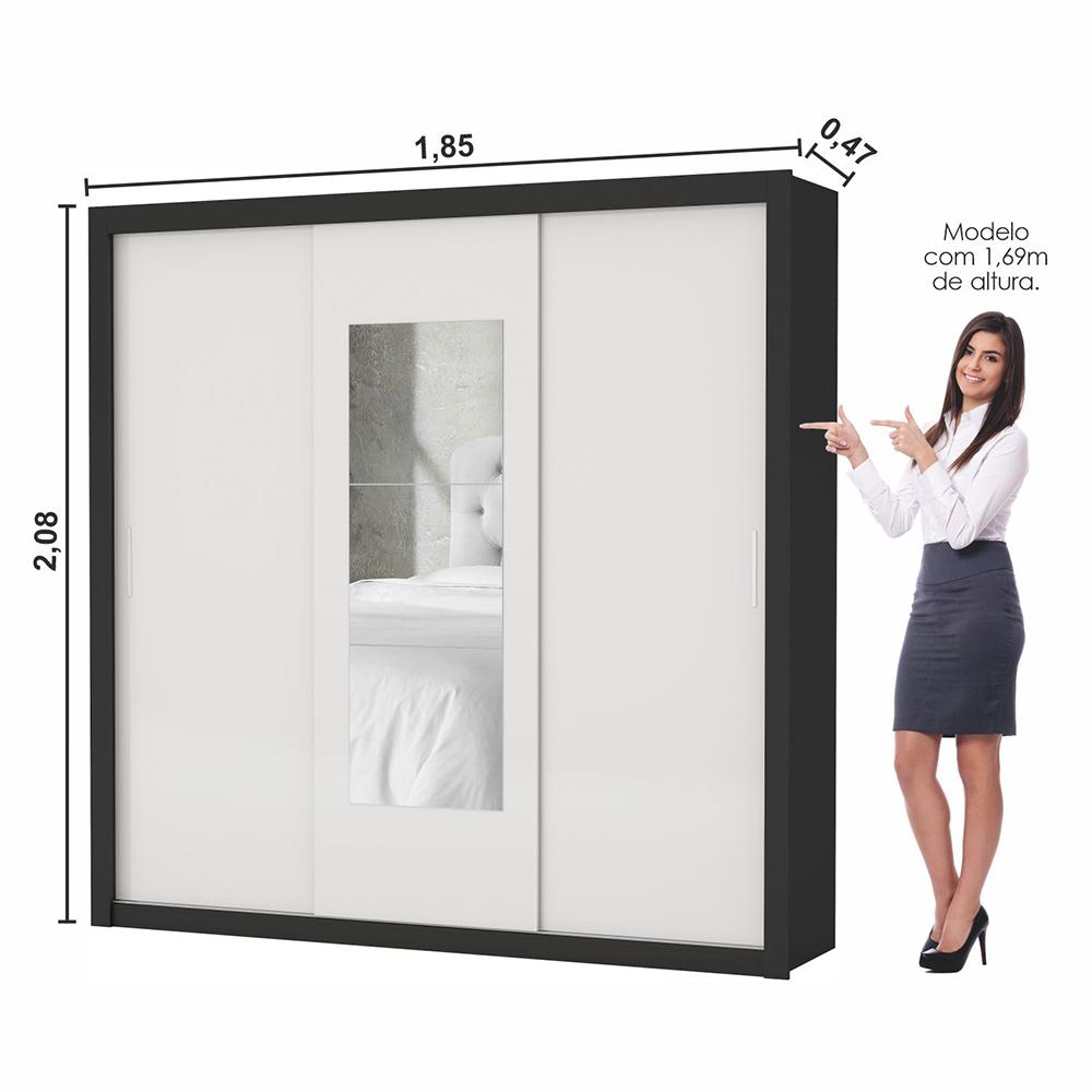 Guarda Roupa Roupeiro Clarice 3 Portas de Correr com Espelho Central 4 Gavetas Carioca Preto Off White