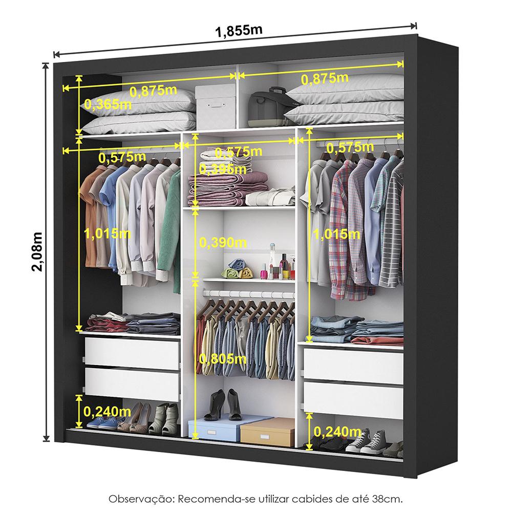 Guarda Roupa Roupeiro Clarice 3 Portas de Correr com Espelho Central 4 Gavetas Carioca Preto Off White