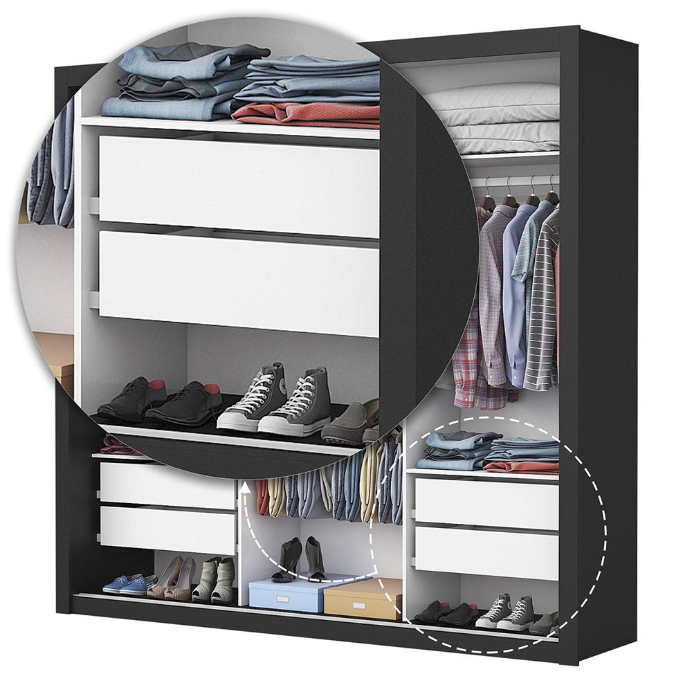 Guarda Roupa Roupeiro Clarice 3 Portas de Correr com Espelho Central 4 Gavetas Carioca Preto Off White