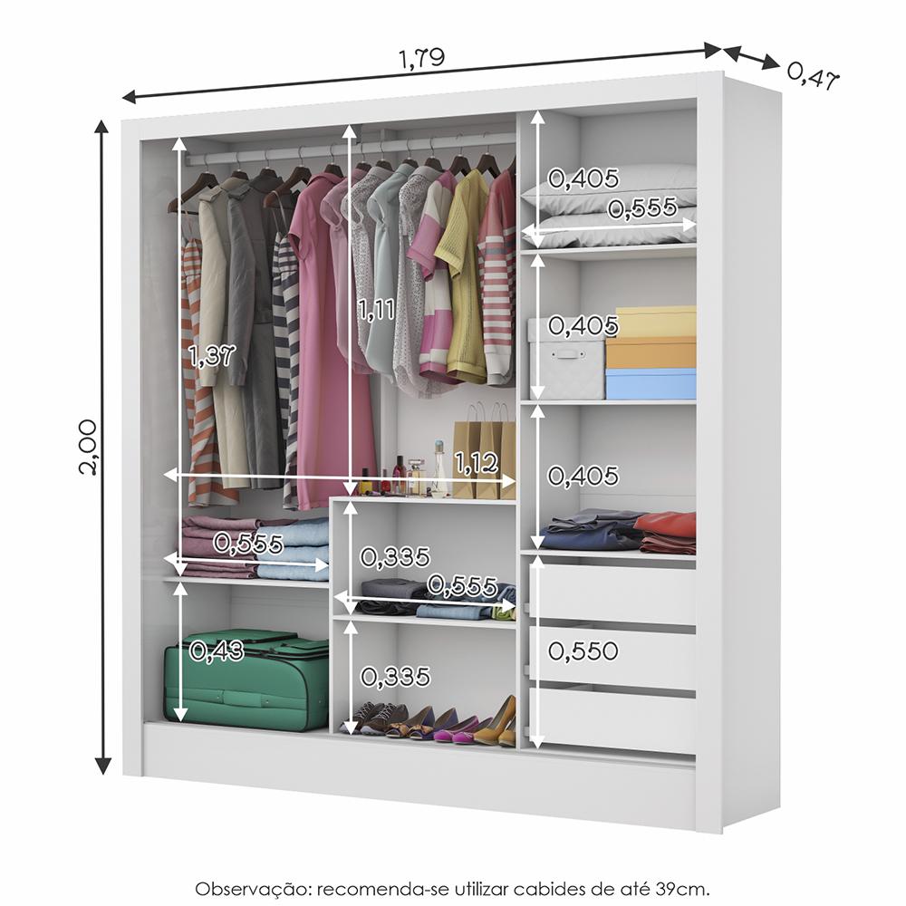 Guarda Roupa Roupeiro Dubai 3 Portas de Correr 3 Gavetas Carioca Branco Cinamomo