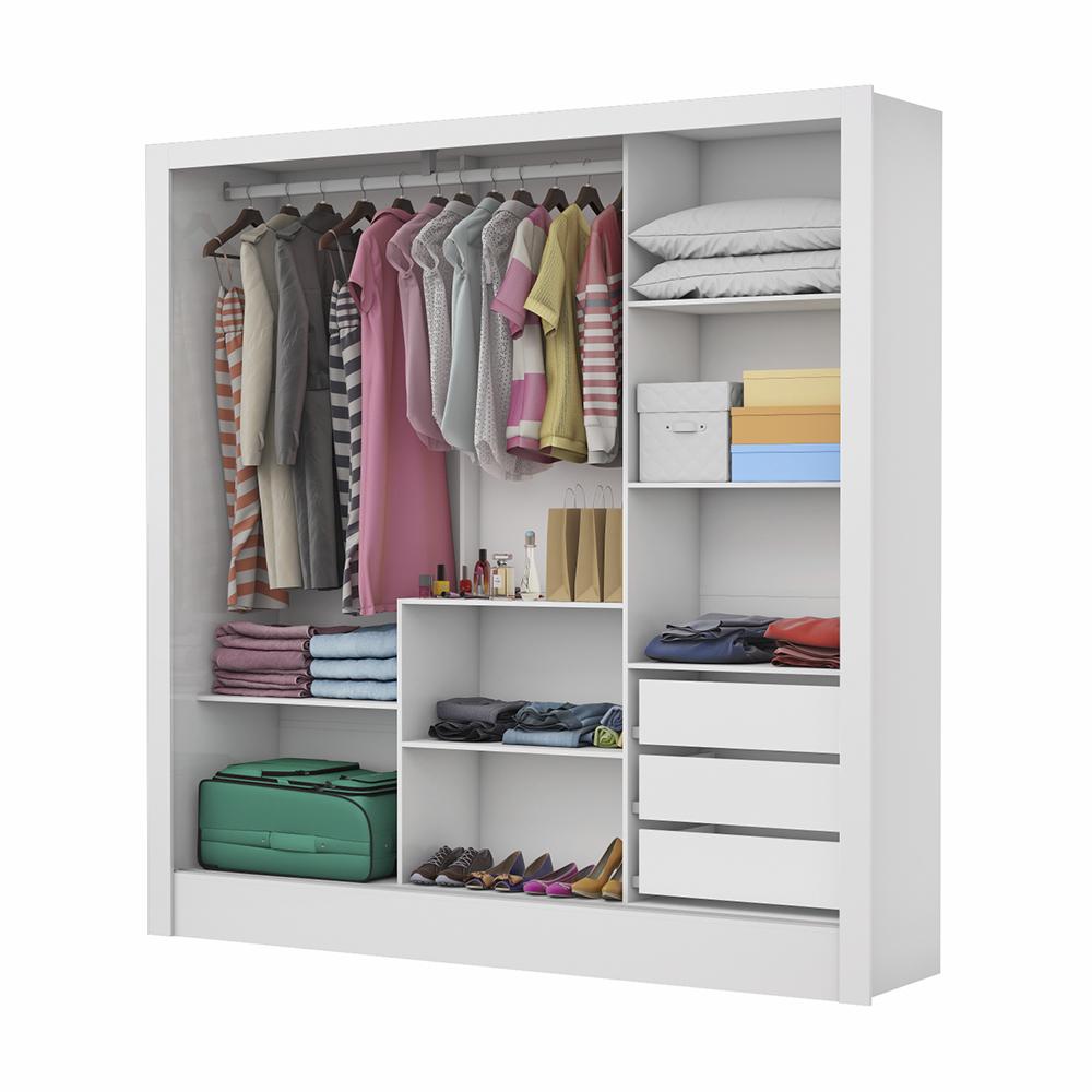Guarda Roupa Roupeiro Dubai 3 Portas de Correr 3 Gavetas Carioca Branco Cinamomo
