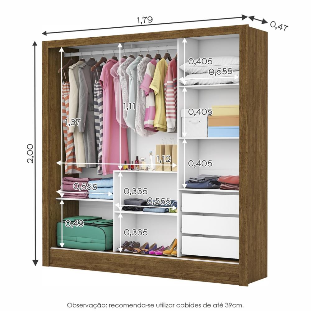 Guarda Roupa Roupeiro Dubai 3 Portas de Correr 3 Gavetas Carioca Cinamomo Branco