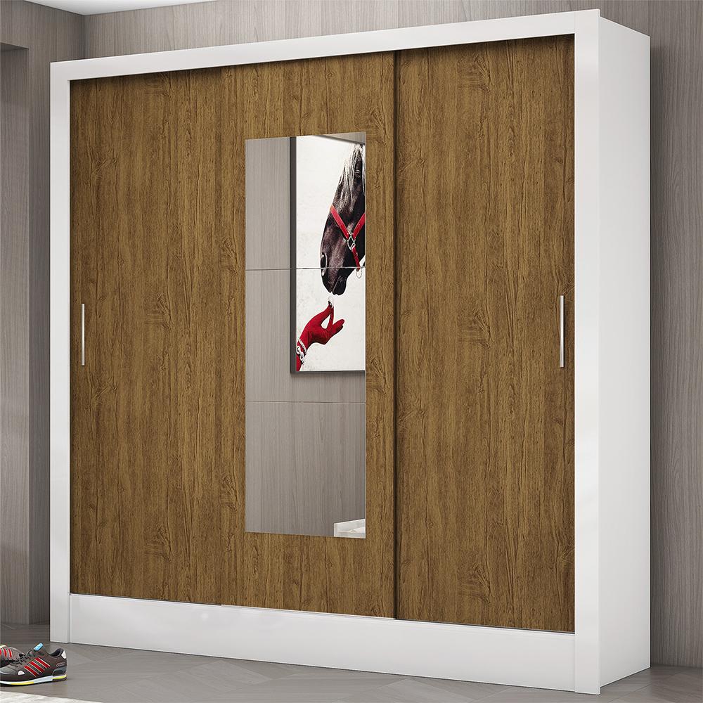 Guarda Roupa Roupeiro Dubai 3 Portas de Correr com Espelho Central 3 Gavetas Carioca Branco Cinamomo