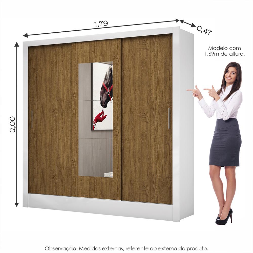 Guarda Roupa Roupeiro Dubai 3 Portas de Correr com Espelho Central 3 Gavetas Carioca Branco Cinamomo