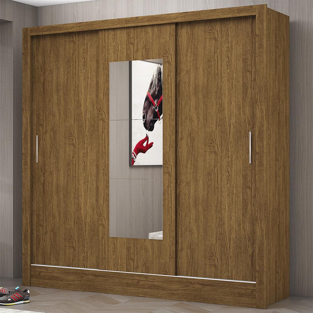 Guarda Roupa Roupeiro Dubai 3 Portas de Correr com Espelho Central 3 Gavetas Carioca Cinamomo