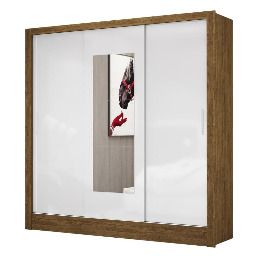 Guarda Roupa Roupeiro Dubai 3 Portas de Correr com Espelho Central 3 Gavetas Carioca Cinamomo Branco