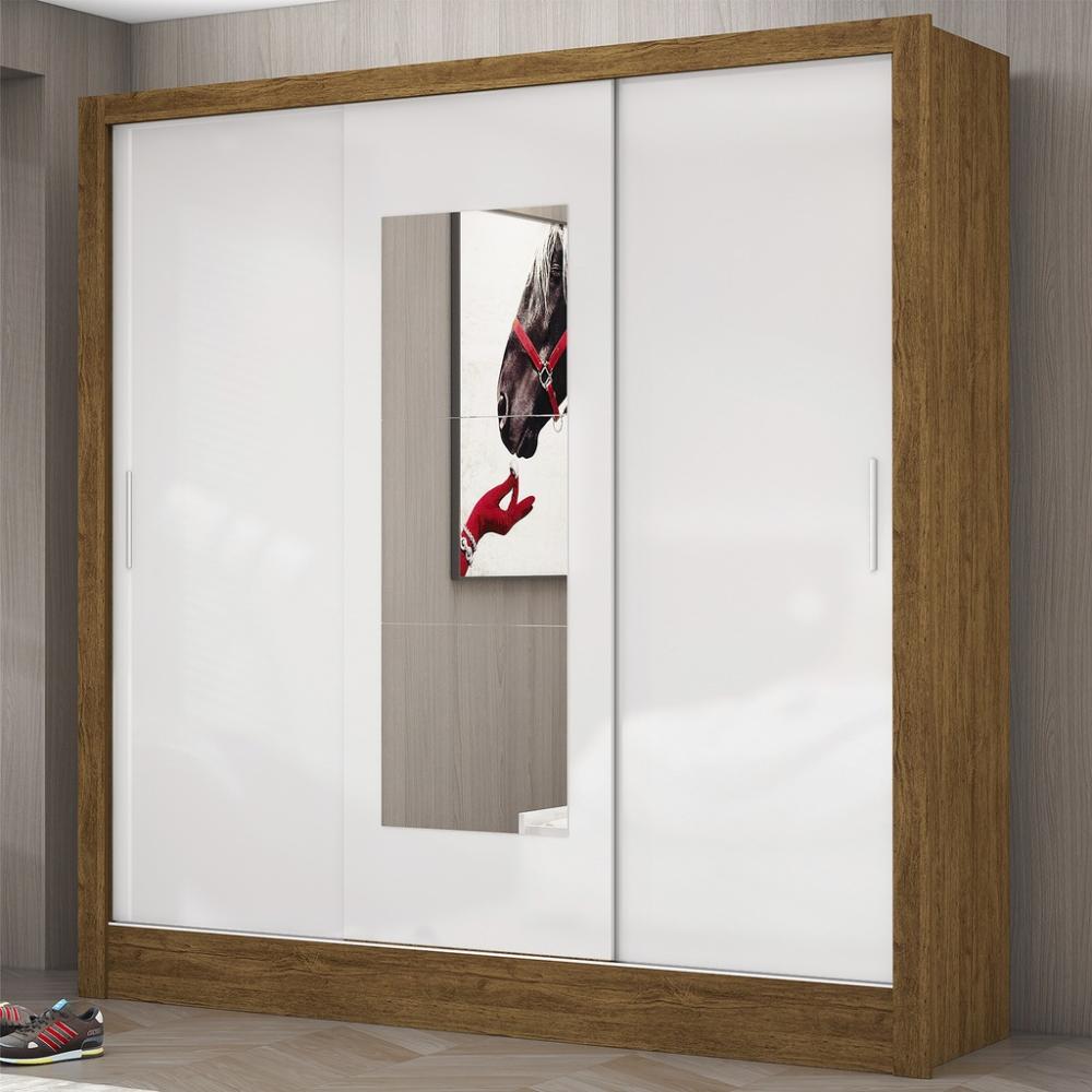 Guarda Roupa Roupeiro Dubai 3 Portas de Correr com Espelho Central 3 Gavetas Carioca Cinamomo Branco