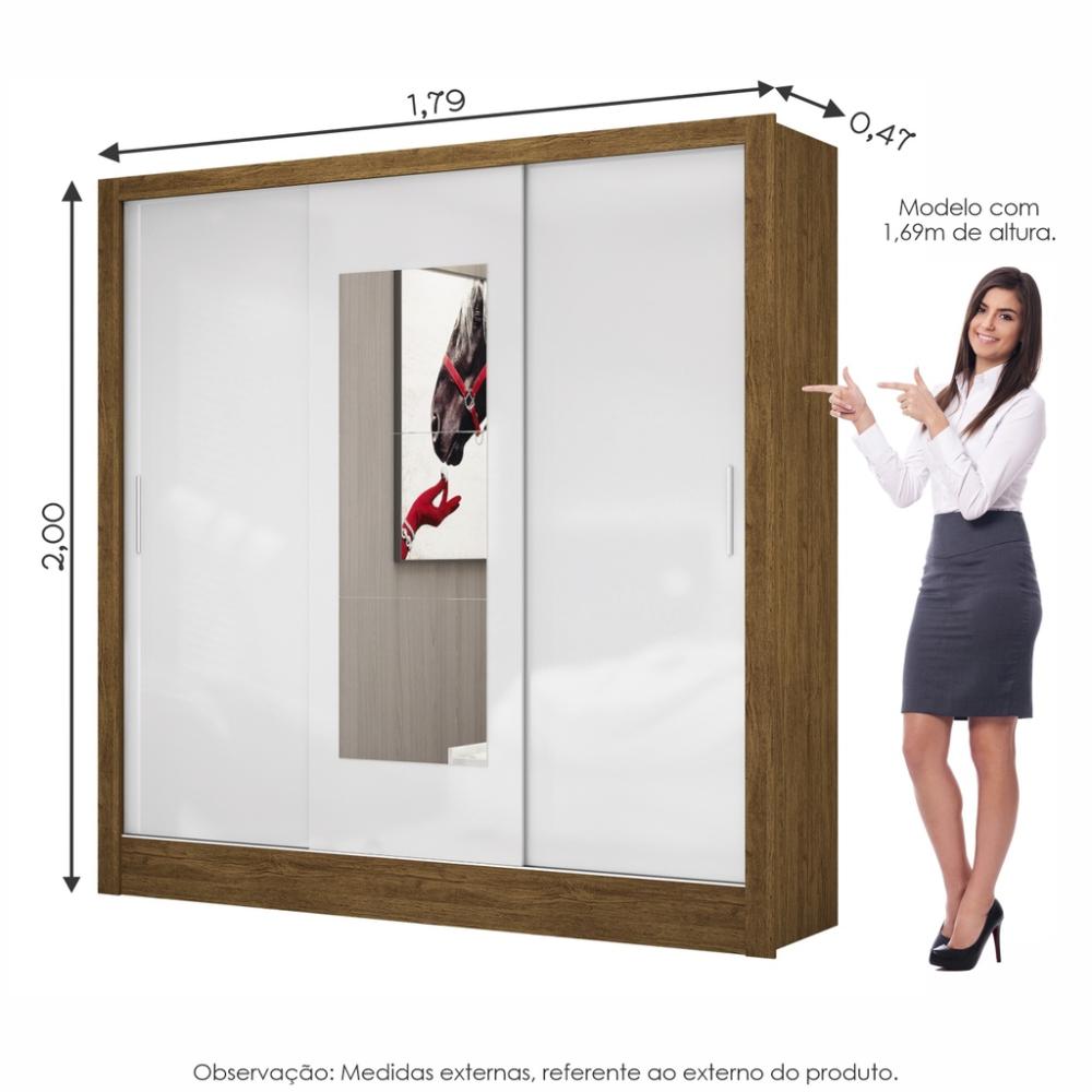 Guarda Roupa Roupeiro Dubai 3 Portas de Correr com Espelho Central 3 Gavetas Carioca Cinamomo Branco