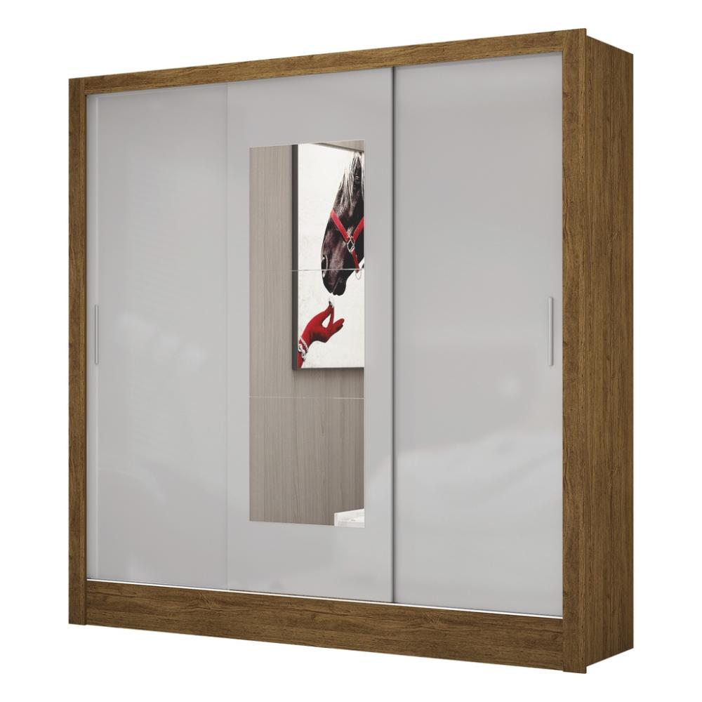 Guarda Roupa Roupeiro Dubai 3 Portas de Correr com Espelho Central 3 Gavetas Carioca Cinamomo Off White
